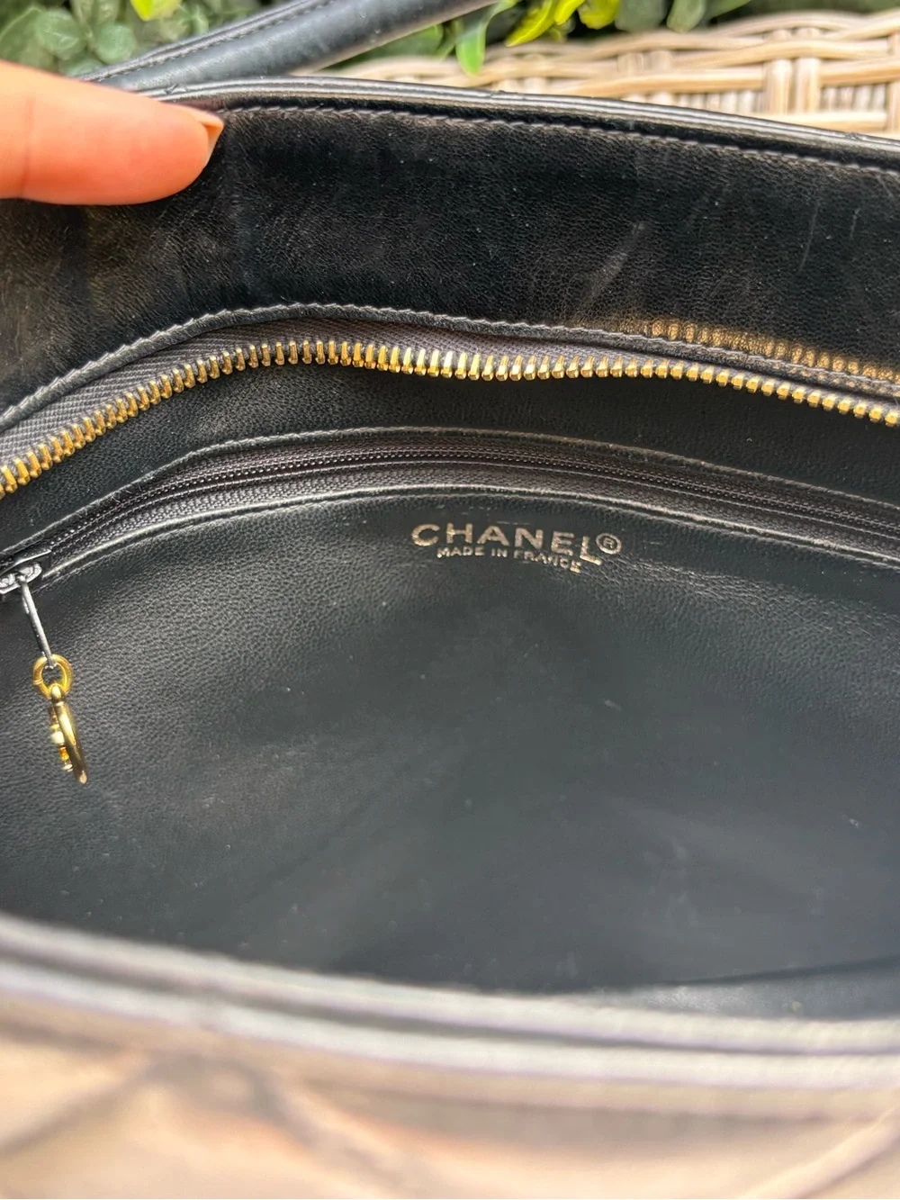 Authentic CHANEL black lambskin leather gold medallion 24k gold tote